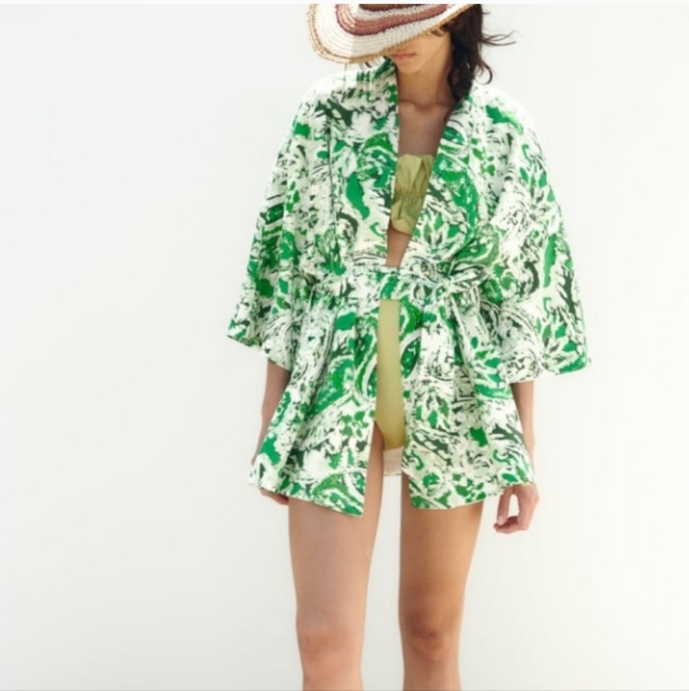 ZARA LINEN BLEND PRINTED KIMONO SIZE XS-S